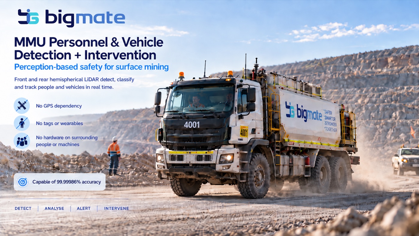 Bigmate MMU personnel and vehicle detection and intervention system fitted to a mine site water truck, with a spotter on foot nearby