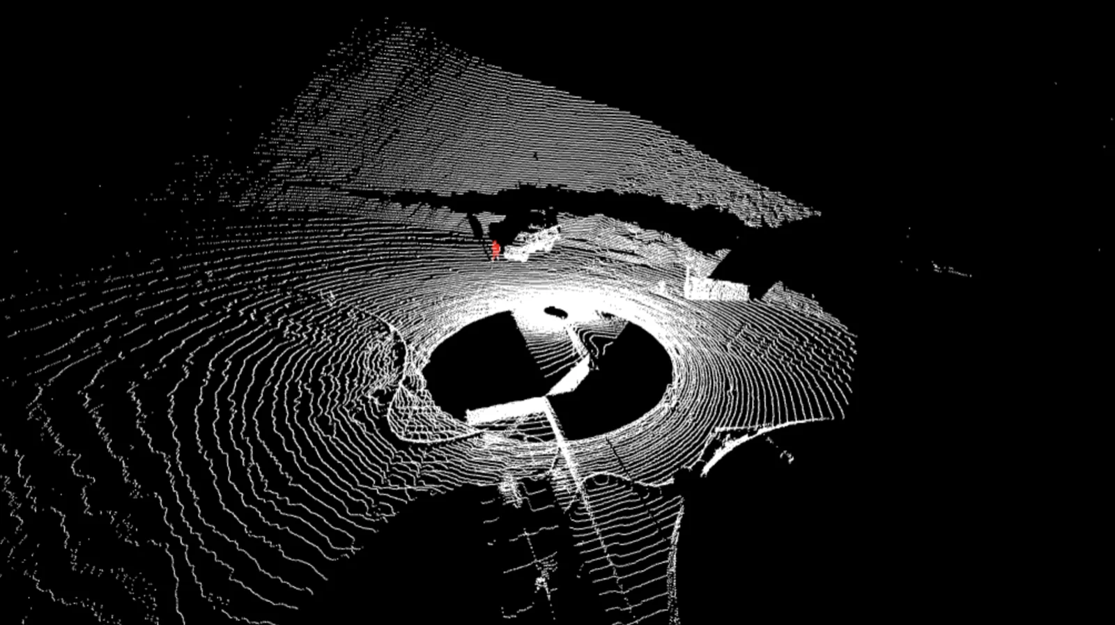 A real LiDAR capture around a dragline&rsquo;s tub, with a light vehicle detected and marked