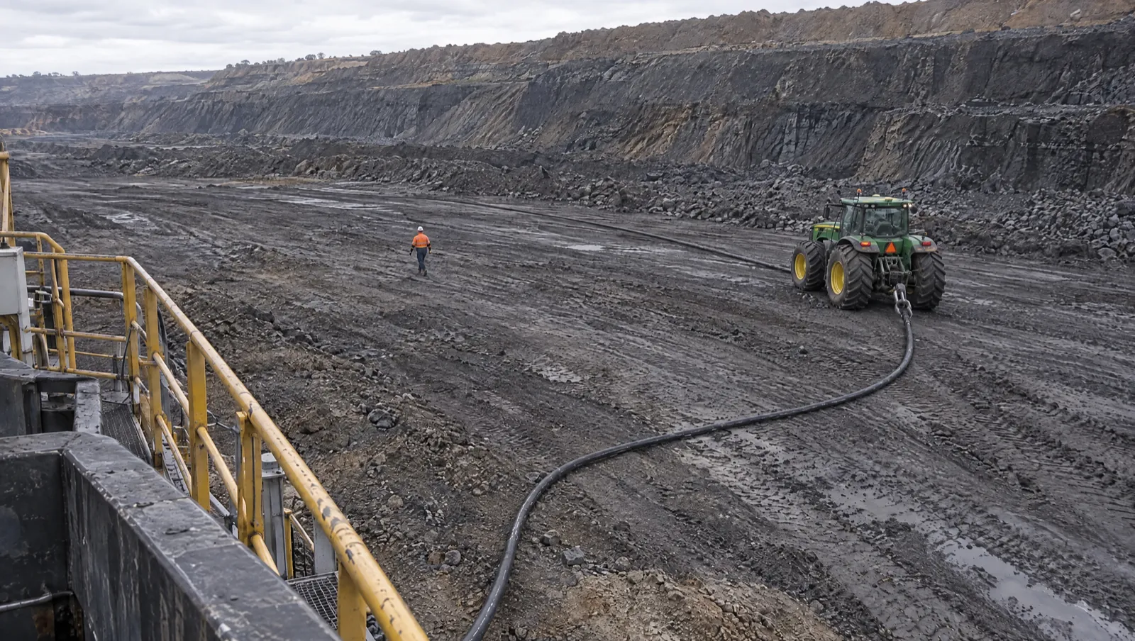 Illustration: from high on a dragline, a person on foot and a John Deere cable tractor pulling the trailing cable with a hook at its drawbar, each marked, with the cable traced