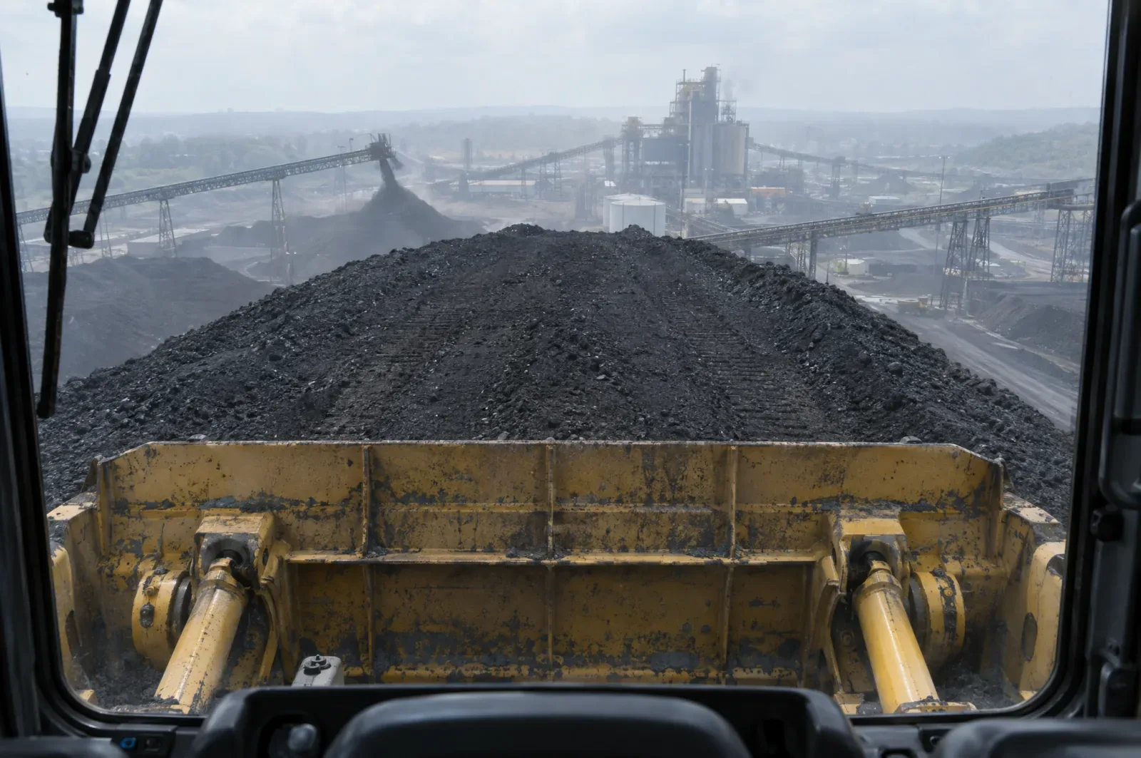 Illustration: the view from a dozer’s seat over its raised blade, on top of a coal stockpile, with the surface dropping away beyond the crest
