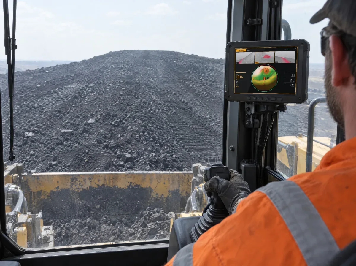 Illustration: inside a dozer cab on a coal stockpile, the display on the cab pillar beside the operator