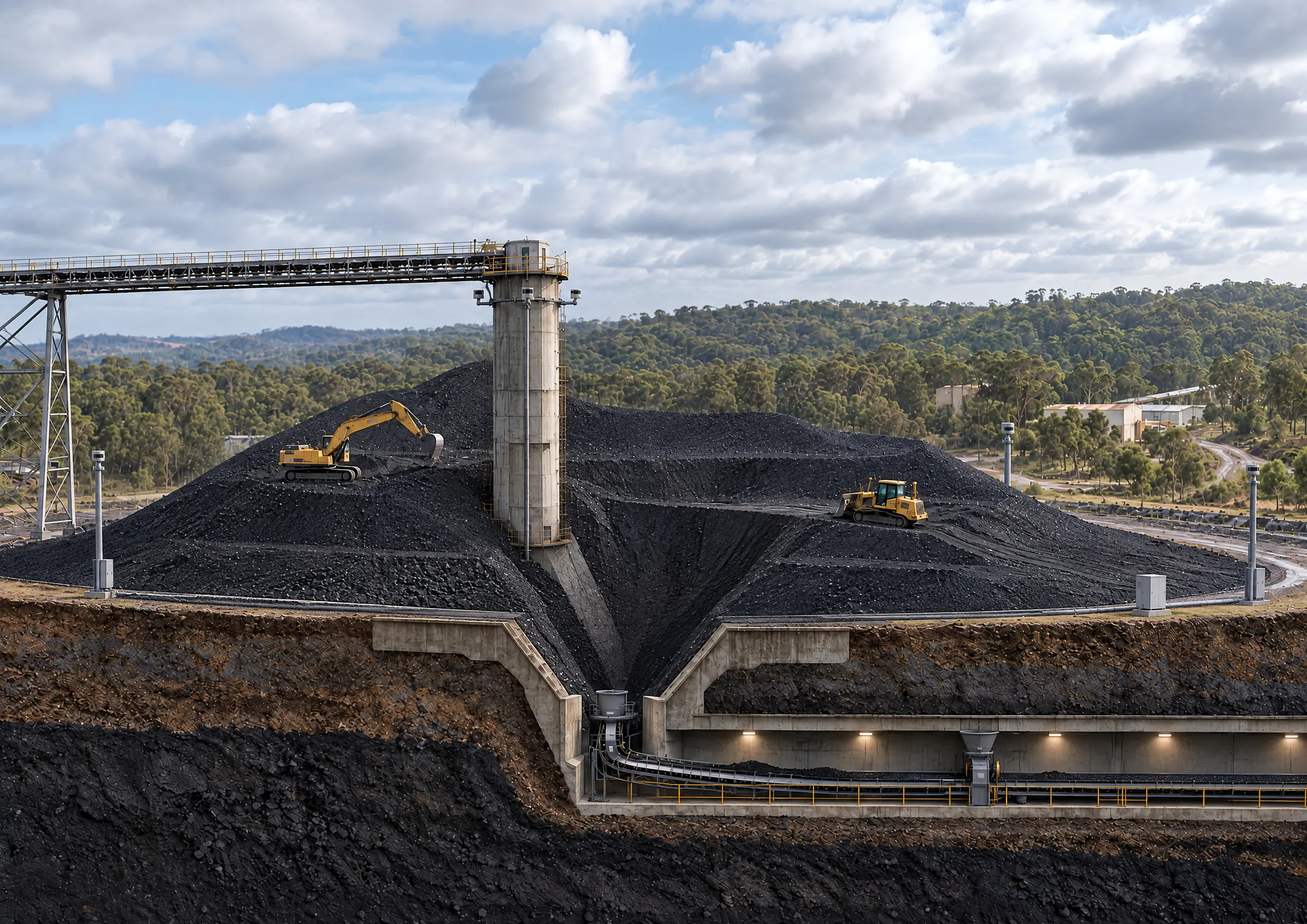 Illustration: a cutaway of a conical coal stockpile around a central stacking tower fed by a conveyor. LiDAR on the tower and on posts around the pad scan the pile, and a 3D model of its surface is drawn over it. Where coal drains into the reclaim tunnel below, a void has opened. It is outlined, with a no-go zone around it. A dozer works near it, and an excavator on the far slope.